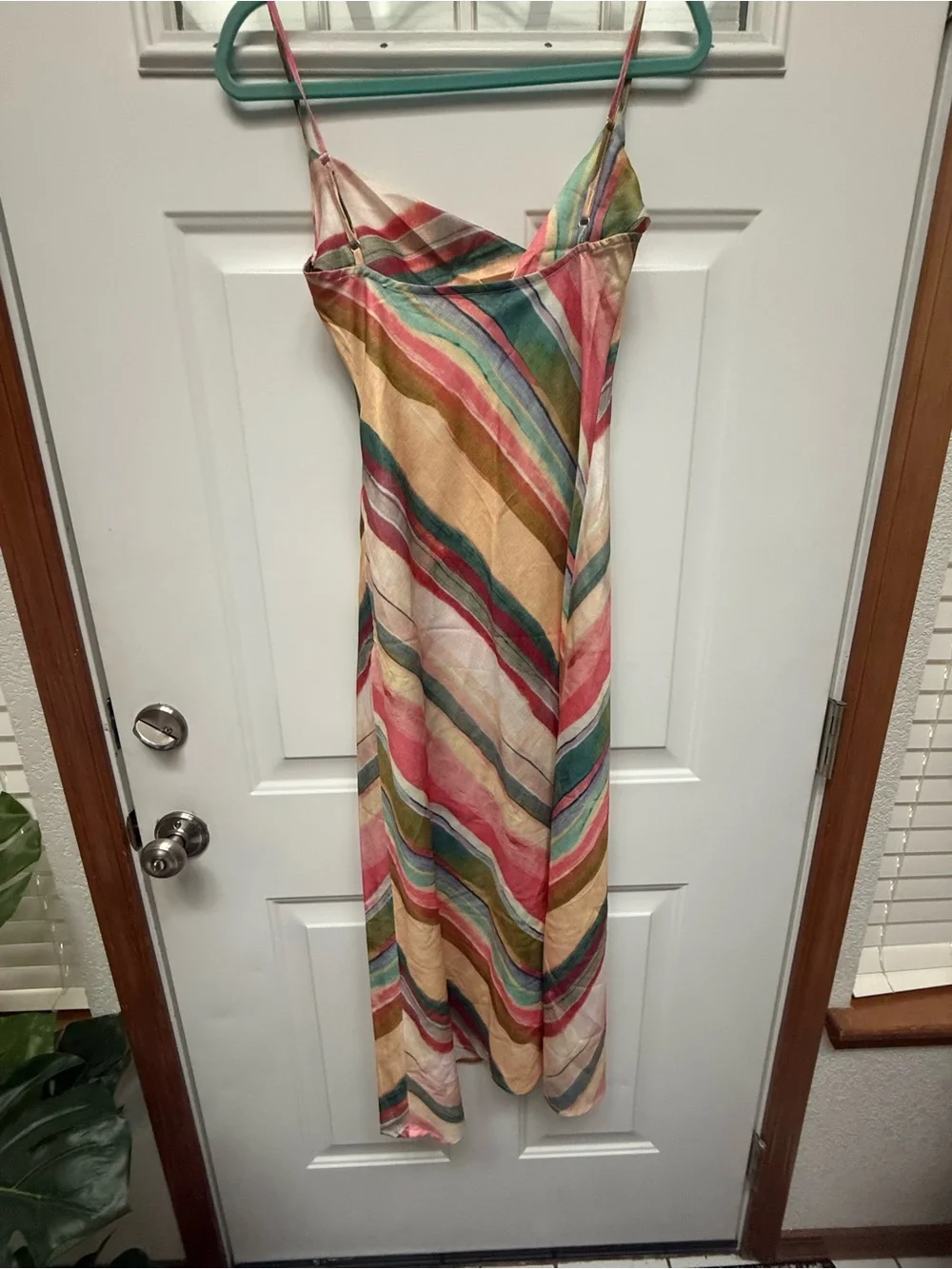 Commense Multicolor Striped Satin Slip Dress - Pink, Green, Gold